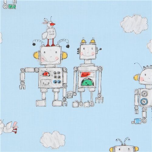 Michael Miller fabric with robots and clouds in light blue Fabric by ...
