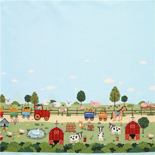 Michael Miller Bauernhof Rand blauer Himmel Baumwollstoff Fabric