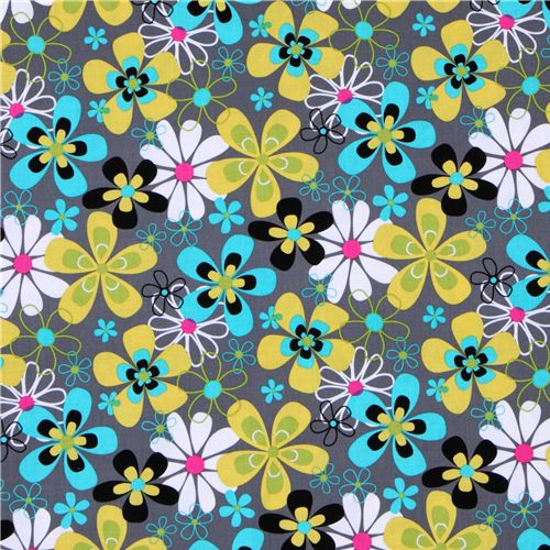Michael Miller gray fabric Far Out Floral flowers 2