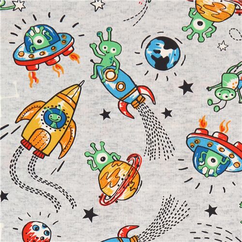 Michael Miller green aliens blue spaceships cotton fabric Fabric