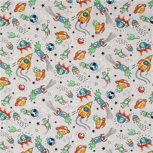 Michael Miller green aliens blue spaceships cotton fabric - modeS4u