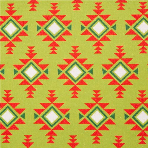 Tissu en coton vert avec des losanges et des triangles orange Tissu
