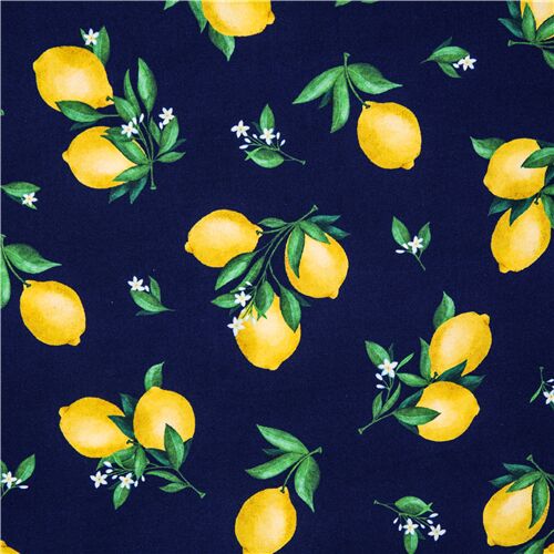 Michael Miller lemon tree branch fruit navy blue cotton fabric modeS4u