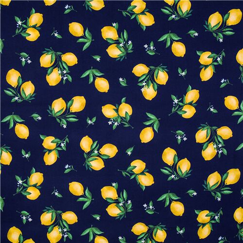 Michael Miller lemon tree branch fruit navy blue cotton fabric - modeS4u