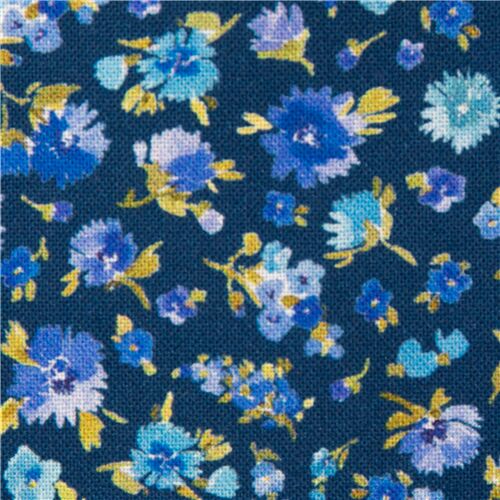 Michael Miller Marineblauer Baumwollstoff Gelbes Laub Mit Blumen Modes4u