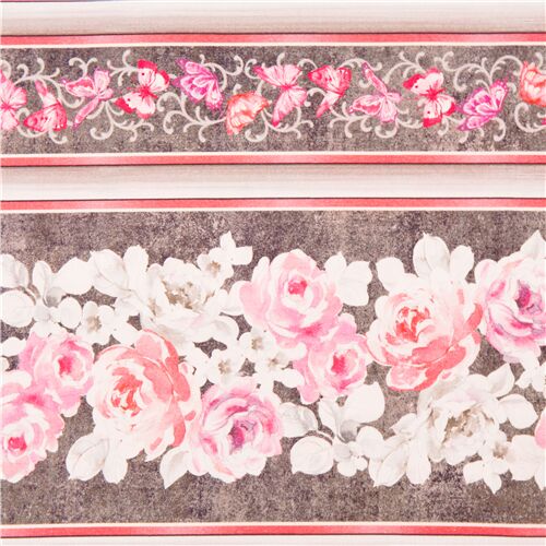 Tissu en coton gris  bandes avec des fleurs roses et papillons Tissu