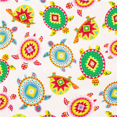 Tissu en coton blanc avec des tortues aux motifs multicolores Tissu