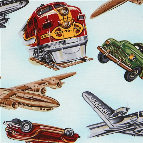 Michael Miller retro fabric Way to Go with car airplane 1