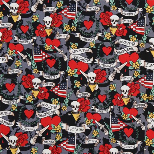 Michael Miller skull fabric Tattoo Love heart roses 2