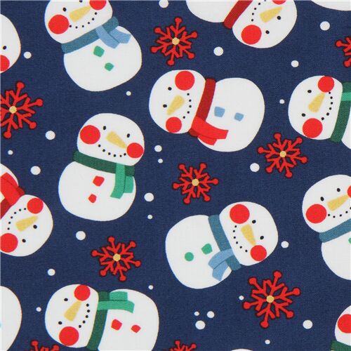 Michael Miller snowman fabric in navy blue and metallic gold with ...