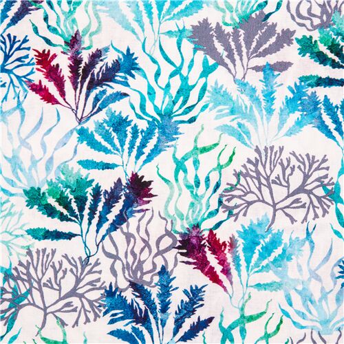 Tissu blanc en coton avec des feuilles bleues nature algues Tissu