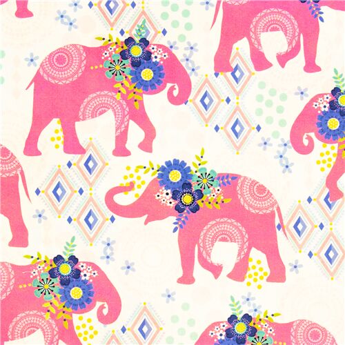 tessuto bianco Michael Miller cotone elefanti rosa motivi colorati Tessuto