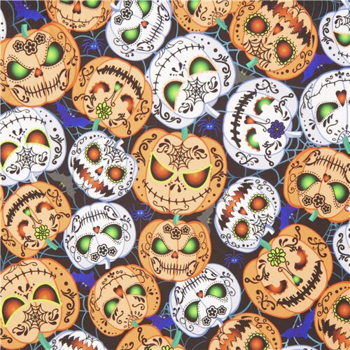 Tissu inky noir toiles d'araignes ornes de citrouilles Tissu