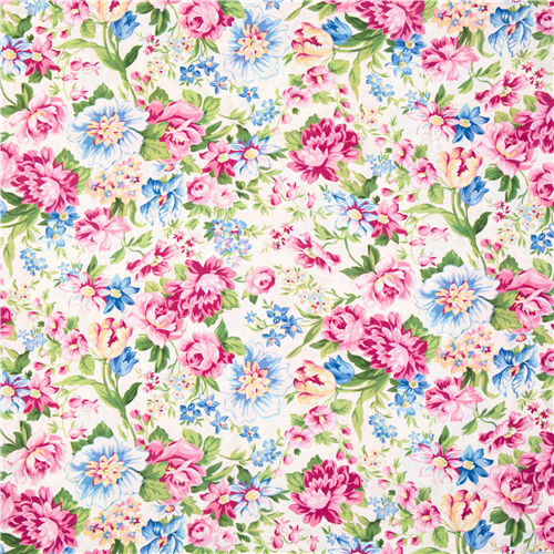 Mixed flowers pink blue floral Robert Kaufman cotton lawn fabric tulip ...