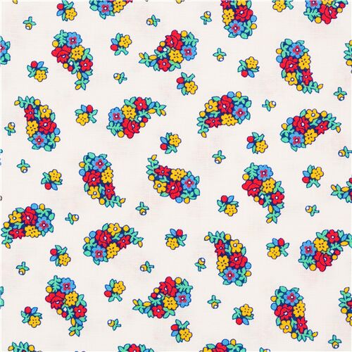 Tissu en coton blanc avec des bouquets de fleurs multicolores Tissu