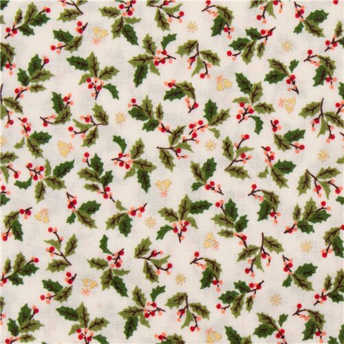 Natural color metallic gold Christmas fabric holly berries - modeS4u