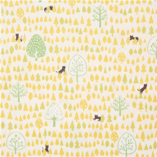 Natural colour fabric with green trees in various tones and small black