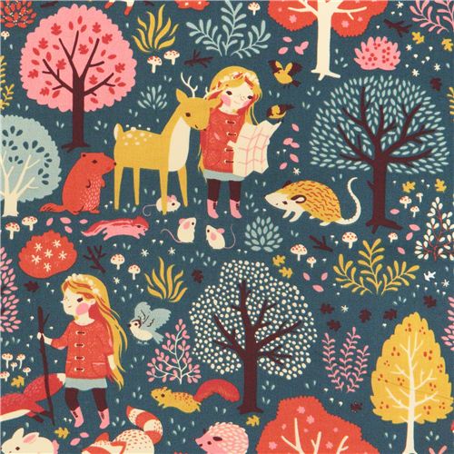 Nature Hike girl autumn forest animal birch organic fabric from the USA 1