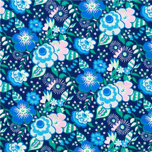 Tissu en coton bleu marine avec fleurs bleues et feuilles vertes Tissu