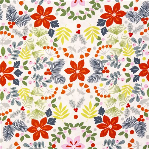 tecido americano off white com flores coloridas de poinsétias Alexander  Henry - modeS4u