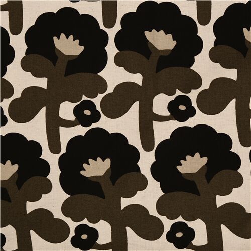 Off White Canvas Fabric With Big Black And Moss Green Flowers Modes4u