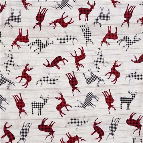 Off white red plaid Christmas deer fabric Timeless Treasures modeS4u