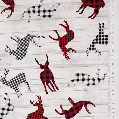 Off white red plaid Christmas deer fabric Timeless Treasures modeS4u