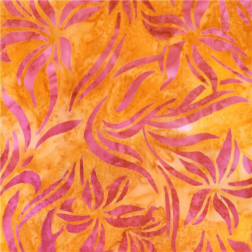 Orange Batik Cotton Fabric Pink Flower Leaf Robert Kaufman Fabric By