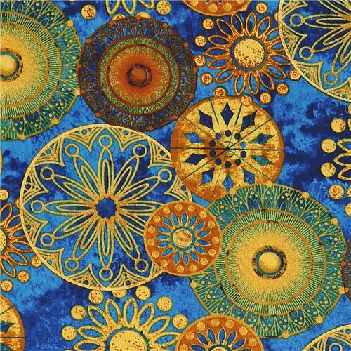 Ornamental circles golden brown mandala design blue fabric Fabric by ...