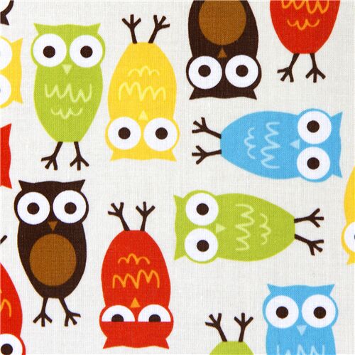 Tissu jersey lisse extra large beige avec des hiboux, vert jaune rouge bleu Tissu