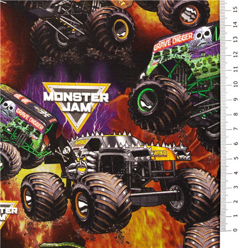 Large Monster Jam Trucks Fire Fabric by Sykel Enterprises - modeS4u