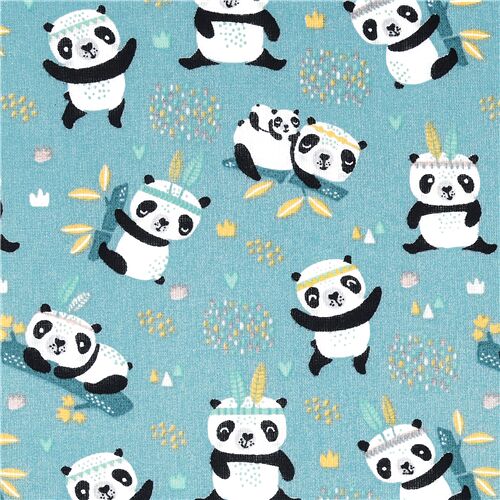 Panda bears on light blue cotton fabric Stof France digital print - modeS4u