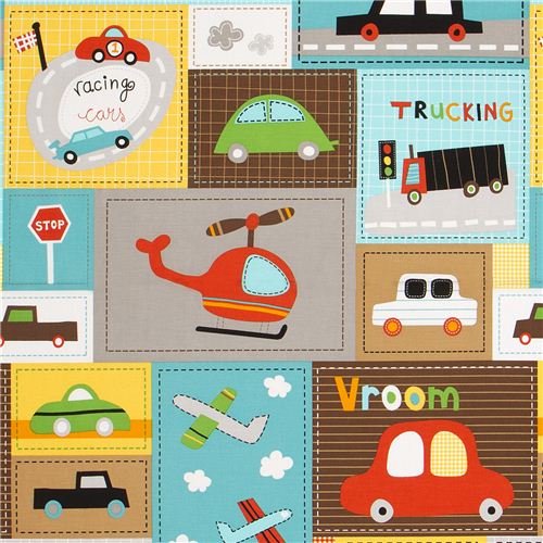 Patchwork fabric with car helicopter Robert Kaufman brown 1