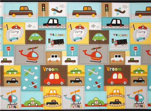 Patchwork fabric with car helicopter Robert Kaufman brown 2
