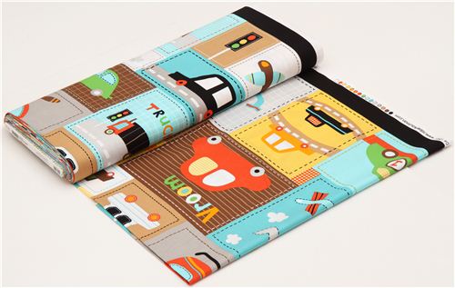 Patchwork fabric with car helicopter Robert Kaufman brown 3