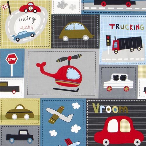 Patchwork-Stoff mit Auto Hubschrauber Robert Kaufman grau Stoff