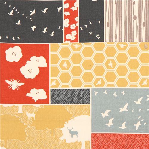 Patchwork forest stag bee canvas organic fabric birch USA 2