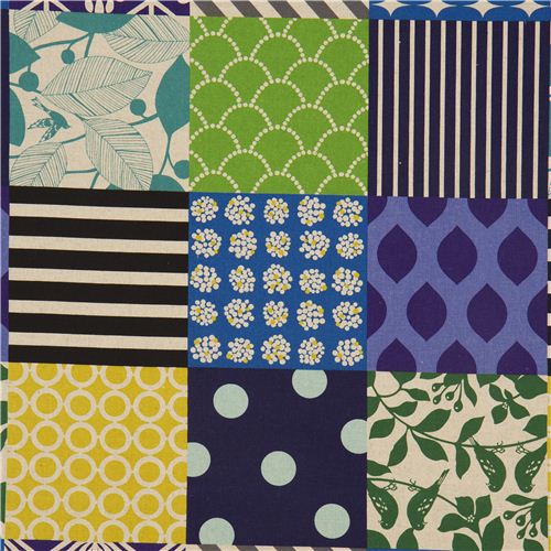 Patchwork piece echino canvas fabric blue-green-black 1