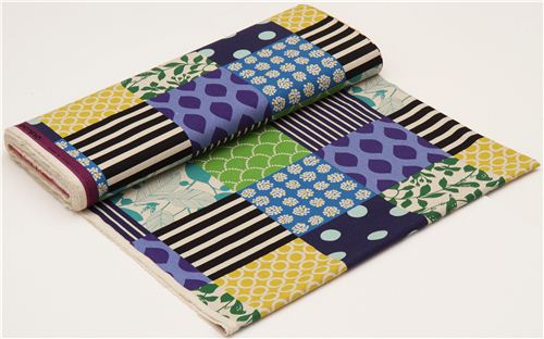 Patchwork piece echino canvas fabric blue-green-black 3