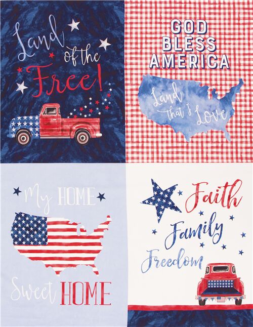 Tissu  panneaux Patriotic USA avec des mots, camions, carreaux Tissu