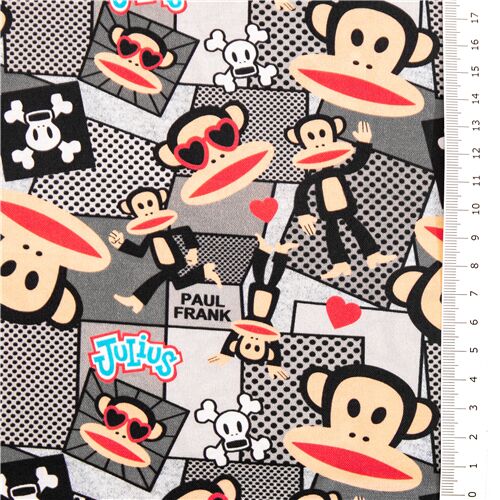 Paul Frank grey monkey cotton fabric comic strip elements skull ...