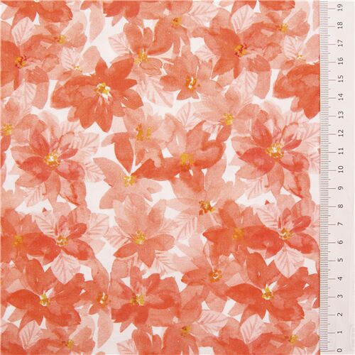 Poinsétias de flor de laranjeira pêssego em tecido de algodão branco Dear  Stella Xmas - modeS4u