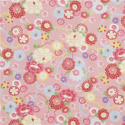 Peach pink amunzen fabric from Japan with colorful flowers shapes - modeS4u
