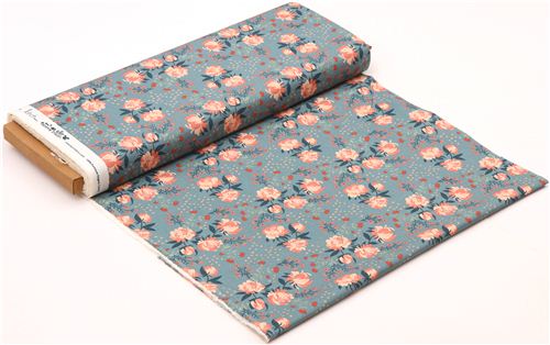 Peonies Blue peony flower birch organic fabric from the USA 3
