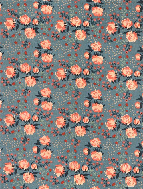 Peonies Blue peony flower branch birch Canvas organic fabric USA 2