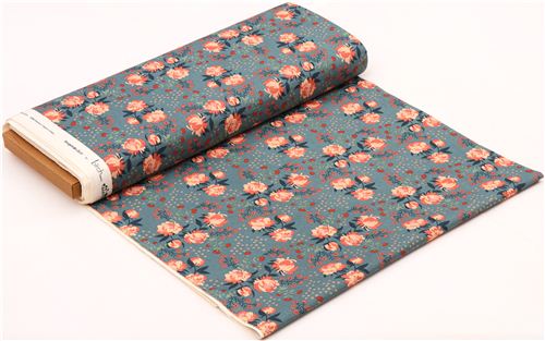 Peonies Blue peony flower branch birch Canvas organic fabric USA 3