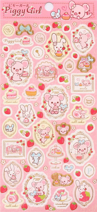 Piggy Girl pig strawberry stickers with gold - modeS4u