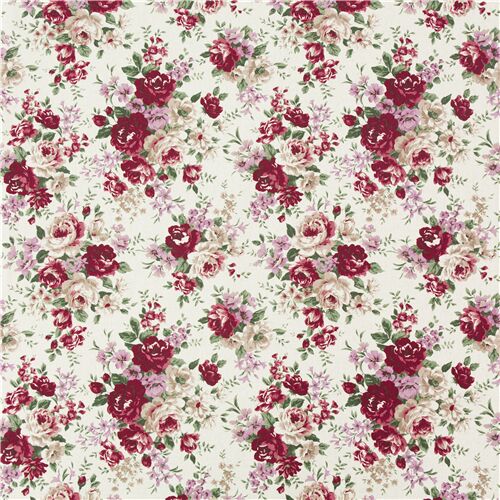 Stoffrest (50 x 108 cm) - Rosa und rote Rosen in Sträußen auf naturfarbenem Canvas-Stoff aus Japan 2