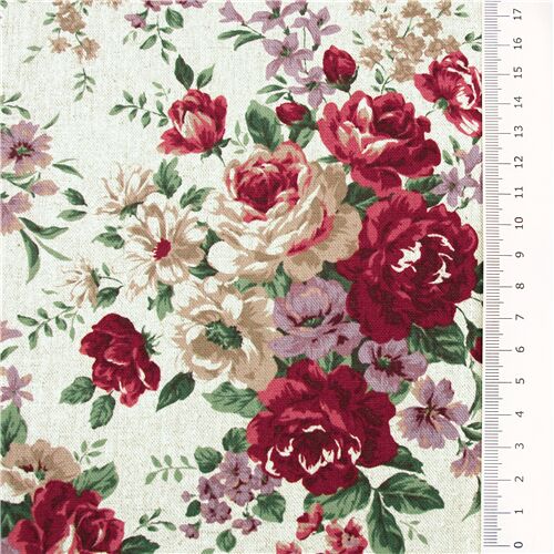 Chutes de tissu de (42 x 108 cm) - Toile au coloris naturel avec des roses  roses et rouges en bouque - modeS4u