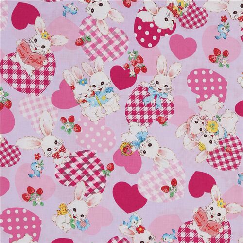 Pink animal fabric Cosmo kawaii rabbit checker heart berries Fabric